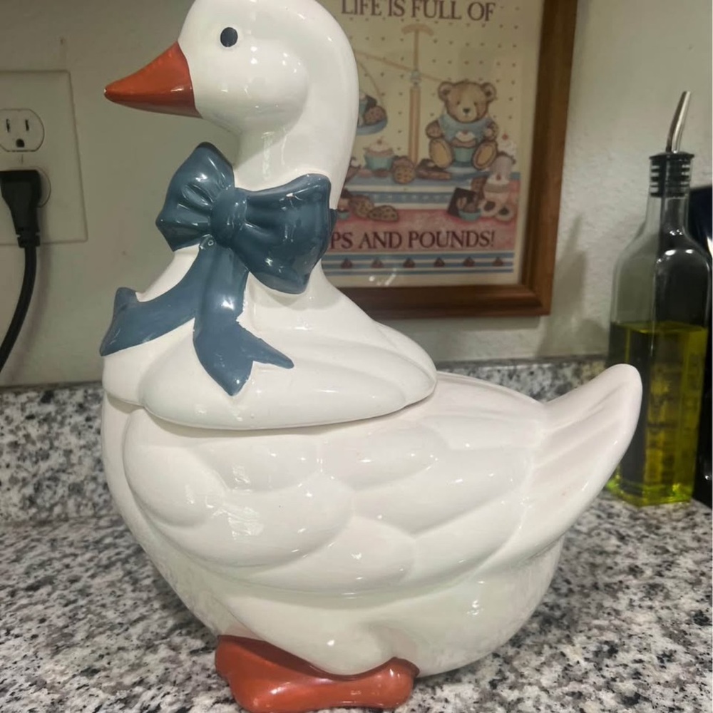 Charming Ceramic Goose Cookie Jar with Blue Bow